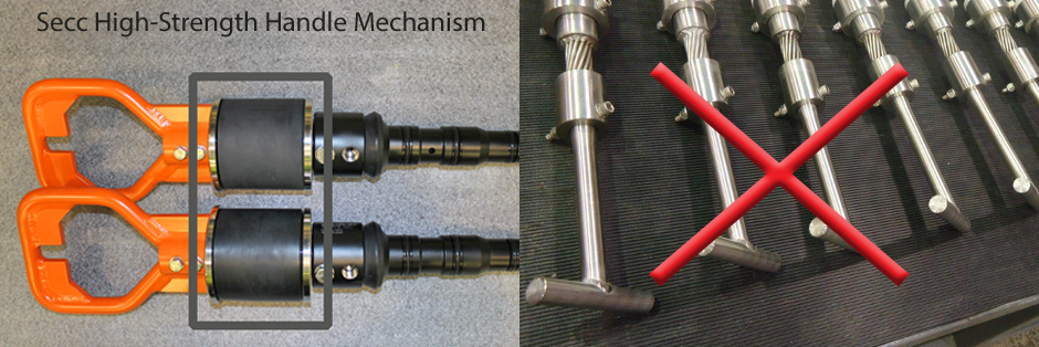 Image comparing Secc high strength handle mechanism on two iso 13628-8 live stabs to a traditional wire stab handle design